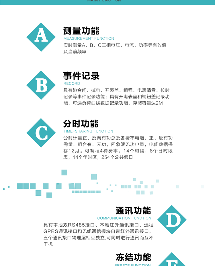 功能特點
內嵌高速高精度的交流電壓電流采集模塊，采樣精度高，電能計量實時精確。
分時計量正、反向有功總及各費率電能，正、反有功需量、組合有、無功，四象限無功電量，電能數據保存12月。
可編程4種費率，14個時段，8個日時段表，14個年時區(qū)，254個公共假日。
采用寬溫大視角LCD顯示，具有參數自動輪顯和按鍵顯示功能。
具有本地雙RS485接口、本地紅外通訊接口、遠程GPRS通訊接口和無線通信模塊自帶紅外通訊接口，五個通訊接口物理層相互獨立,可同時進行通訊而互不干擾。
通信信道采用高速全雙工的工業(yè)級GPRS/GSM/CDMA模塊，支持TCP/UDP/SMS無線網絡通信方式。
無線通信模塊采用模塊化設計，支持帶電熱拔插。通信模塊更換后不需進行任何手工設置，能自動識別無線MODEM類型并自動上線。
具有CPU卡接口實現(xiàn)本地費控功能，并具有遠程費控功能。
具有有、無功測試脈沖輸出；具有多功能輸出功能和報警輸出功能。
實時測量A、B、C三相電壓、電流、功率等有效值及當前頻率。