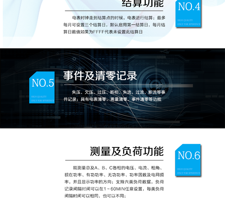2.3需量計量
 能夠計量正、反向有功，正、反向視在，1、2、3、4象限無功，組合無功1、2的最大需量和發(fā)生時間。
 需量周期和滑差時間可在1～60min分鐘范圍內(nèi)設(shè)置，但應(yīng)該滿足：需量周期大于滑差時間且為其的整數(shù)倍，需量周期可在5、10、15、30、60min中選擇；滑差式需量周期的滑差時間可以在1、2、3、5min中選擇。需量周期應(yīng)為滑差時間的5的整倍數(shù)，且該倍數(shù)小于等于15。
 當發(fā)生電壓線路上電、時段轉(zhuǎn)換、清零、時鐘調(diào)整、需量周期改變、功率潮流方向轉(zhuǎn)換等情況時，電能表從當前時刻開始，按照需量周期進行需量測量，當?shù)谝粋€需量周期完成后，按滑差間隔開始最大需量記錄。其中，發(fā)生時段轉(zhuǎn)換時，總需量繼續(xù)按滑差測量，分時需量按需量周期重新開始測量。
 在一個不完整的需量周期內(nèi)或修改需量周期時，不做最大需量的記錄。
 能存儲12個結(jié)算日最大需量數(shù)據(jù)。
 需量顯示小數(shù)位數(shù)出廠缺省為4位小數(shù)。
2.4結(jié)算功能
 本表除給出有、無功當前總及分時電量、最大需量及其發(fā)生時間外，還存儲了上1到上12個結(jié)算周期的歷史數(shù)據(jù)（包含組合有功、正反向有功、組合無功1和組合無功2、四象限無功、各元件有功、無功總電量以及分時電量；正反向有功、組合無功1和組合無功2、四象限無功的最大需量及其出現(xiàn)時間。）。當電表時鐘走到結(jié)算點的時候，電表進行結(jié)算。電能表結(jié)算時，先把當前的電量、最大需量及其發(fā)生時間存入上一結(jié)算日，再把當前的最大需量及其發(fā)生時間清零，計算需量的累加單元清零，需量重新開始計算。
 如果電表掉電跨過結(jié)算點時，上電后電表不補結(jié)算。
 最多每月可設(shè)置三個結(jié)算日，默認啟用第一結(jié)算日，每月結(jié)算日數(shù)值如果為FFFF代表未設(shè)置此結(jié)算日。
 需量結(jié)算是只在每月第一結(jié)算日結(jié)算一次，如果起用了其它結(jié)算日，在該結(jié)算點結(jié)算時，則對應(yīng)的這個結(jié)算日需量數(shù)據(jù)補FF。
 電壓合格率只在第一結(jié)算日進行結(jié)算，在啟用其它結(jié)算日進行結(jié)算時，電壓合格率都不進行結(jié)算。