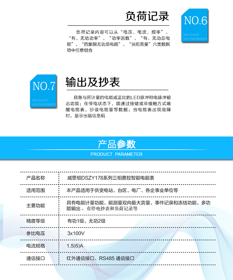 主要功能
計量功能
具有正、反向有功電能、四象限無功電能計量功能；具有分時計量功能；具有計量分相有功電能量功能；能存儲12個結算日電量數(shù)據(jù)。
測量及監(jiān)測
能測量雙向最大需量、分時段最大需量及其出現(xiàn)的日期和時間；
能測量當前電能表的電壓、電流、功率、功率因數(shù)等運行參數(shù)。
事件記錄
記錄最近10次編程、需量清零、校時、各相失壓、各相斷相、各相失流、各相過負荷、電流不平衡、電壓（流）逆相序、開表蓋、開端鈕蓋、全失壓、掉電、遠程控制拉閘、遠程控制合閘等事件。
顯示功能
高對比度、寬視角、帶背光的LCD（數(shù)值顯示位數(shù)8）。
報警功能
當電能表出現(xiàn)故障時，顯示出錯信息碼。
凍結功能
支持定時凍結、瞬時凍結、約定凍結、日凍結、整點凍結等。
計時功能
采用具有溫度補償功能的內置硬件時鐘電路，具有日歷、計時、閏年自動轉換功能。
脈沖輸出
具備與所計量的電能成正比的LED脈沖和電脈沖輸出功能。
負荷記錄
負荷記錄內容可以從“電壓、電流、頻率”、“有、無功功率”、“功率因數(shù)”、“有、無功總電能”、“四象限無功總電能”、“當前需量”六類數(shù)據(jù)項中任意組合。
停電抄表
在停電狀態(tài)下，能通過按鍵或非接觸方式喚醒電能表，抄讀電能量等數(shù)據(jù)。
費控功能
通過RS485和遠程售電系統(tǒng)實現(xiàn)費控功能。通過嚴格的密碼驗證或ESAM模塊等安全認證，確保數(shù)據(jù)傳輸安全可靠。